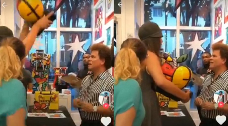 [Vídeo: mulher discute com Romero Britto e destrói peça mais cara da exposição do artista]