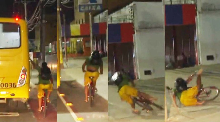 [Vídeo: ciclista cai após segurar em ônibus para “pegar carona” em Salvador]